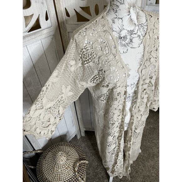 Soft Surroundings Beige Lace Longline Draped Stevie Duster Cardigan Sz Small - Picture 2 of 7